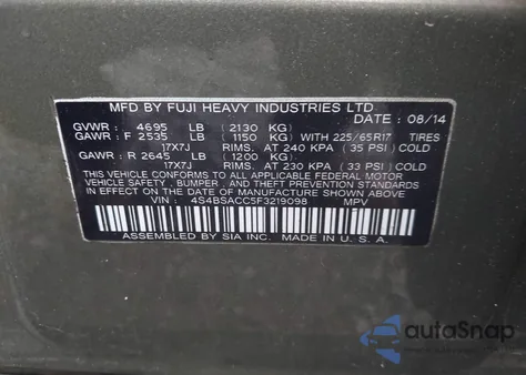 2015 Subaru Outback 2.5I Premium from USA, damaged, VIN 4S4BSACC5F3219098